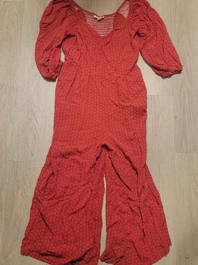 Knox Rose Women's Boho Rust Red Floral Smocked Jumpsuit Wide Leg Size M